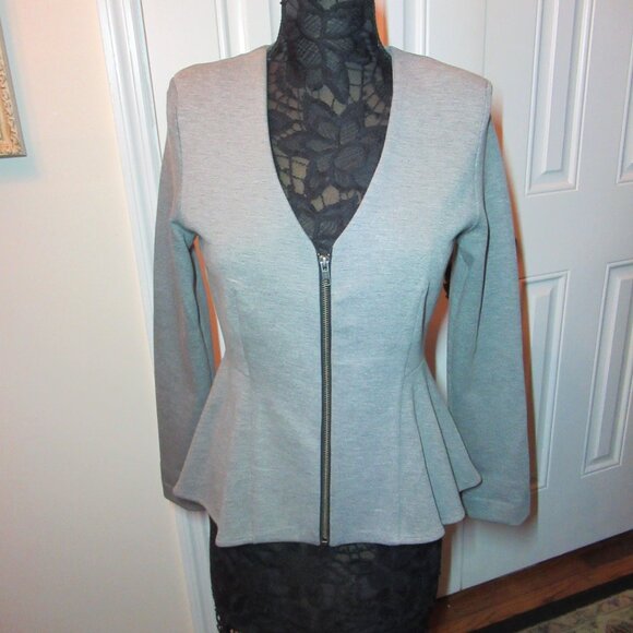 TopShop Peplum V Neck Zip Front Jacket Heather Gray US 10 EUC Long Sleeve Blazer - Picture 4 of 16